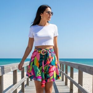 Trina Turk Rainforest Print Skort elastic waist adjust belt tassel Sz S NWT